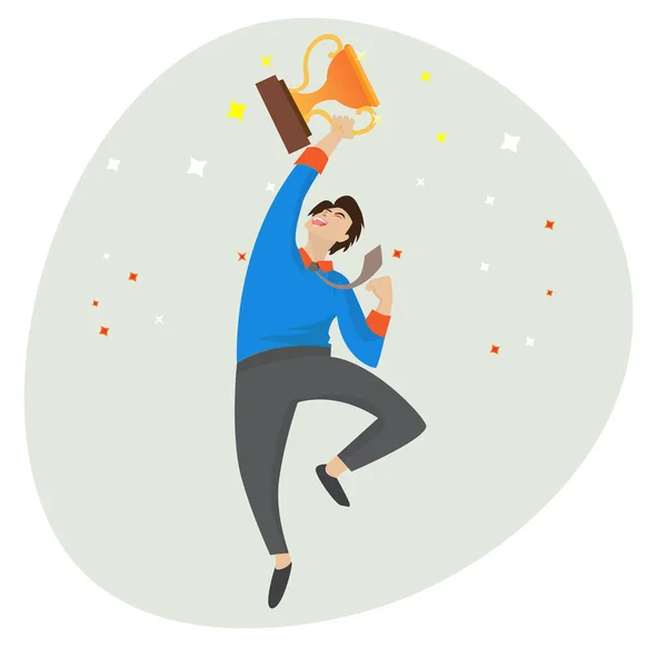 Hombre Negocios Estaba Celebrando Saltando Con Trofeo Mano Disfrutando Victorias — Vector de stock