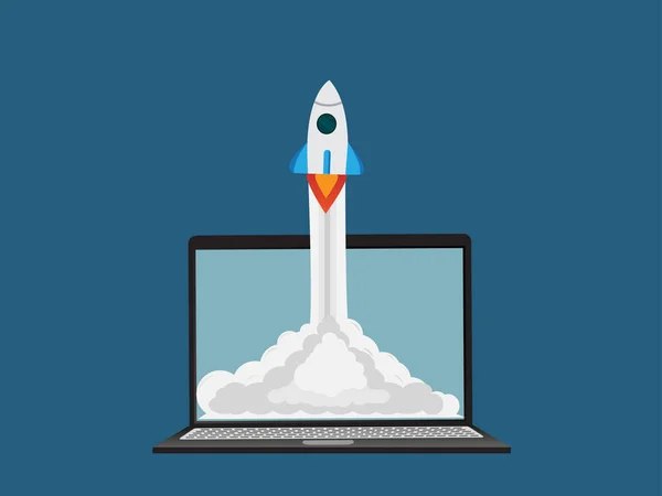 Üzleti Kezdési Ötletek Laptopokkal Rakétákkal Repülés Asztali Vektor Illusztrációról — Stock Vector
