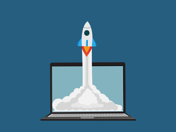 Business start ideas with laptops and rockets Flying off the desktop Vector illustration
