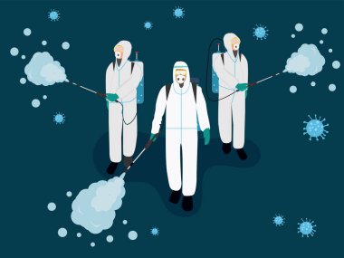 Koruyucu giysili bir grup insan temizlik, sprey ve dezenfeksiyon, korona virüsü, koronavirüs vektör çizimi yapıyor.
