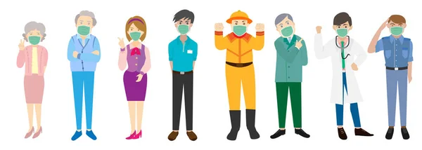 코로나 바이러스 인플루엔자 오염으로부터 보호하기 가면을 직업과 연령층의 사람들을 — 스톡 벡터
