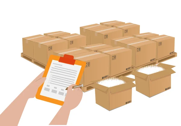 Produktqualitätsprüfer Mit Klemmbrett Überprüfung Des Lagerqualitätsberichts Qualitätskontrolle Von Kartonverpackungen Vor — Stockvektor