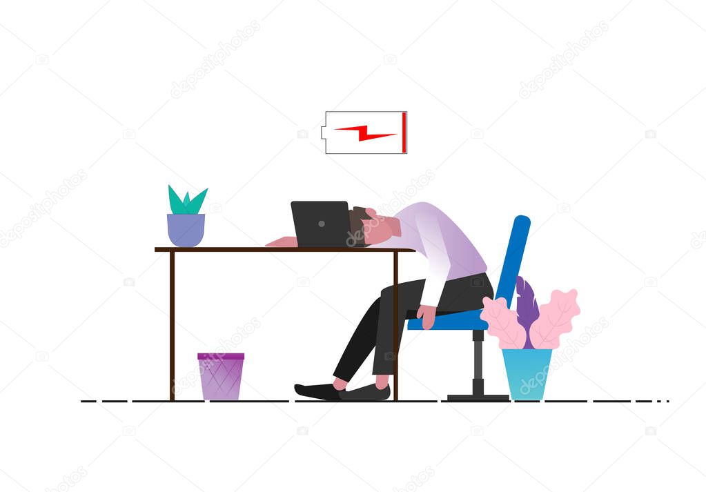 A man sleeping on a desk in front of a laptop Have a low energy state, physical or emotional fatigue, mental exhaustion requires recharging of the battery.