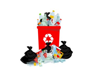 Kırmızı plastik çöp ve birçok plastik atık yığını geri dönüştürülebilir.