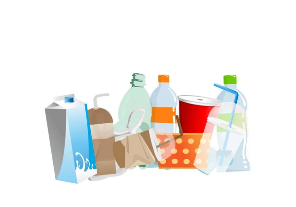 Beyaz arka planda izole edilmiş plastik atık yığını, plastik şişe çöpü, plastik atık cam ve kağıt bardak çöplüğü.