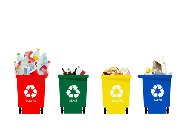ごみとゴミの分別とリサイクルさまざまな種類の廃棄物を分別するための容器 — ストックベクタ