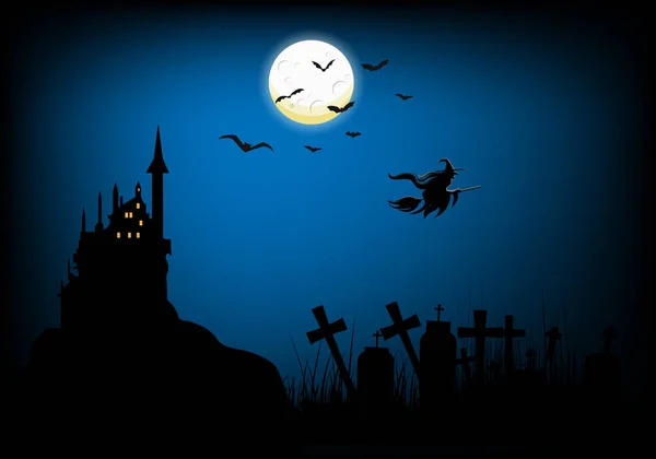 Halloween Night Cemetery Flying Bats Witches Riding Broomstick Full Moon — Stock Vector