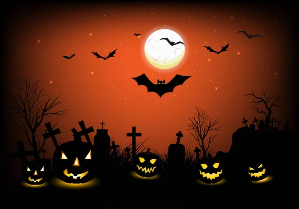 Noche Halloween Con Calabazas Malvadas Tumba Estrellada Cementerio Con Luz — Vector de stock