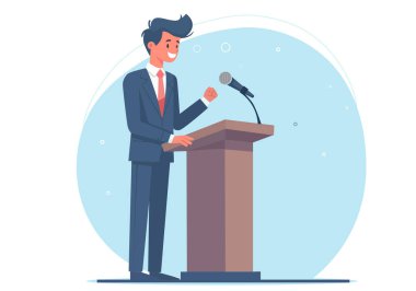 Podyumda duran ve konuşan takım elbiseli bir adamın düz çizimi..