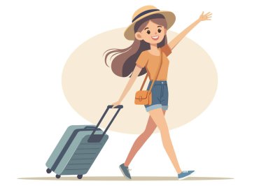 Elinde bavul olan genç bir kadının düz çizimi.