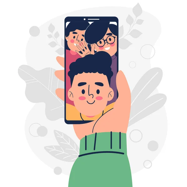 Handheld Smartphone App Videogesprek Met Vrienden Vector Illustratie — Stockvector