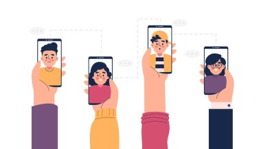 Akıllı telefon ile el ele tutuşmayı ayarla ve bir video arama vektörü çizimi yap