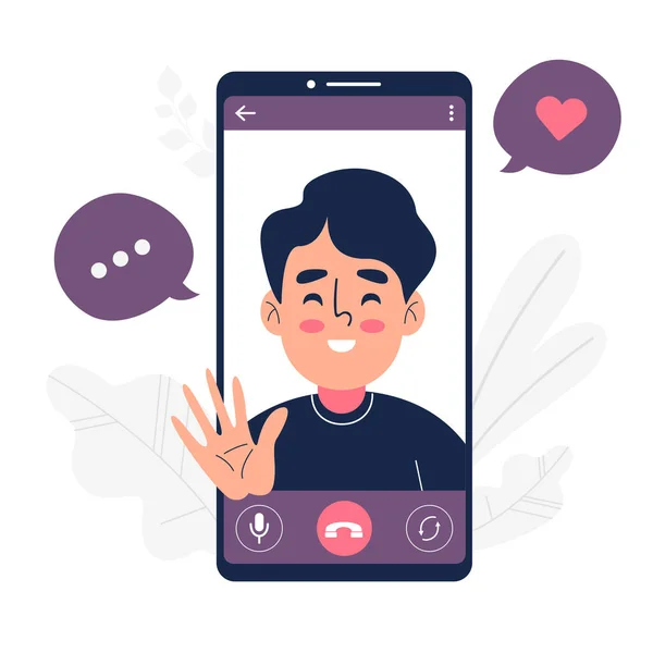 Akıllı telefon vektör illüstrasyonunda görüntülü konuşma yapan mutlu adam.