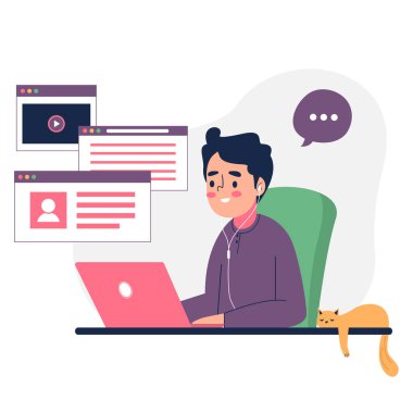 Ev vektörü illüstrasyonunda bilgisayar üzerinde çalışan karakterin düz çizimi