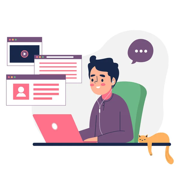 Ev vektörü illüstrasyonunda bilgisayar üzerinde çalışan karakterin düz çizimi