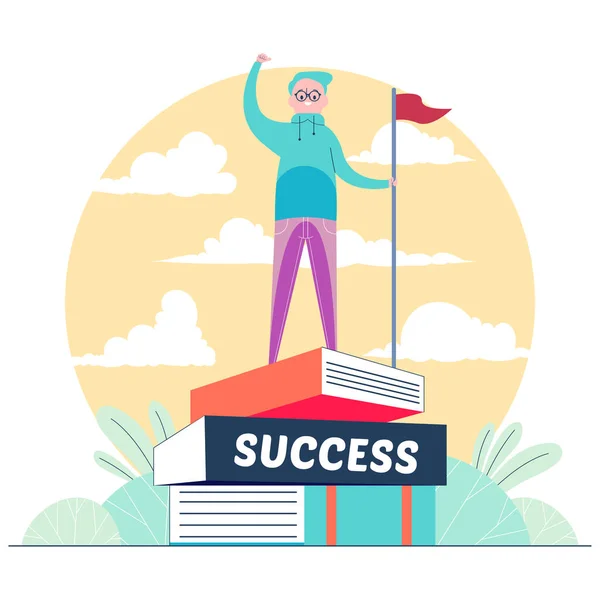 Yakışıklı adam bir kitap vektörü illüstrasyonunda başarılı bir şekilde duruyor