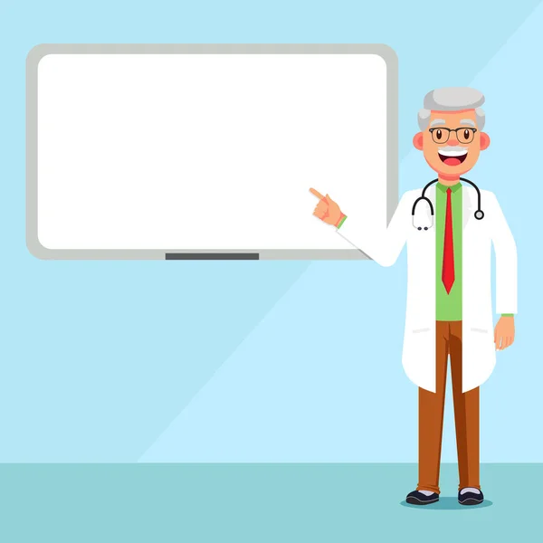 Doktor boş beyaz tahta vektör illüstrasyonuyla ayakta duruyor