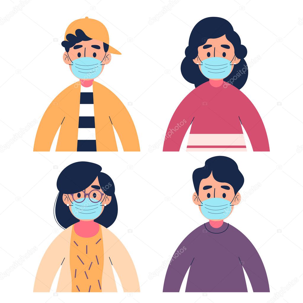 Set character people wearing medical mask vector illustration