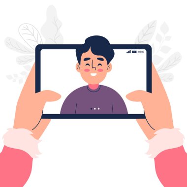 Bir adamın tablet pc vektör illüstrasyonunda görüntülü konuşma yapmasına yakın plan