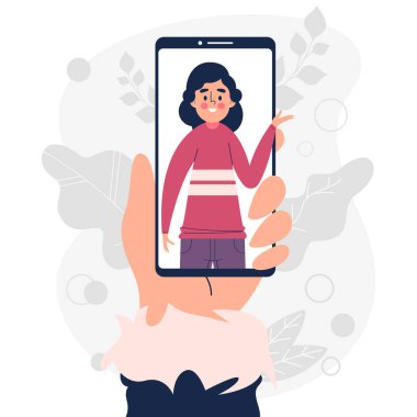 Sevdiğinle görüntülü konuşma. Erkek elde akıllı telefon vektör çizimi