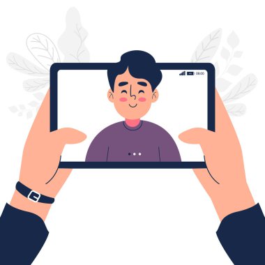 Tablet pc vektör illüstrasyonunda video çağrısı olan bir adamın gülümsemesini kapat