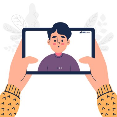 Tablet pc vektör illüstrasyonunda adamın mutlu video çağrısını kapat
