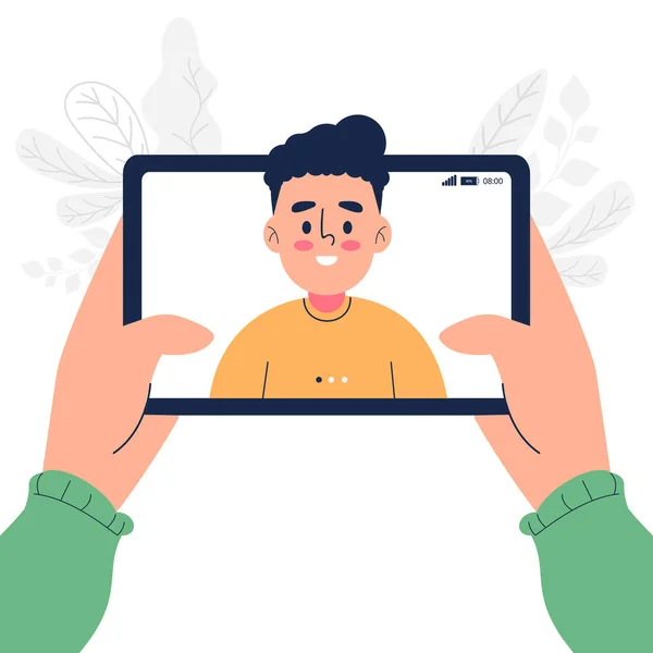 Handheld Tablet App Video Oproep Met Vriend Vector Illustratie — Stockvector