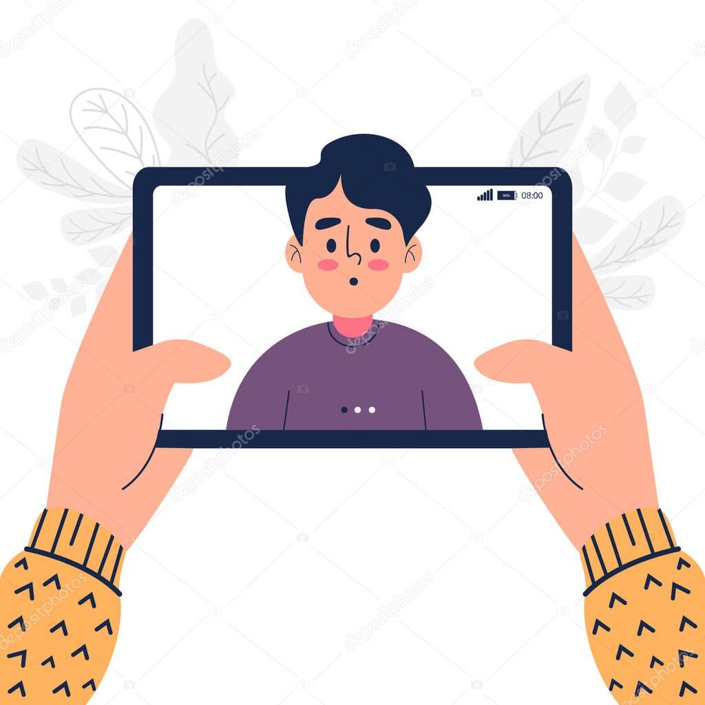 Close up of man happy video call on tablet pc vector illustration