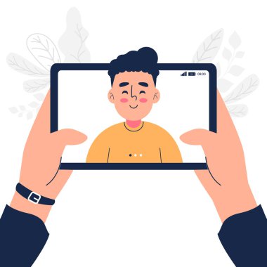 Ev vektörü illüstrasyonunda tablet bilgisayarda görüntülü konuşma yapan bir adam