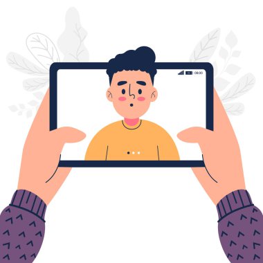 Ev vektörü illüstrasyonunda tablet üzerinde video çağrısı olan bir adam