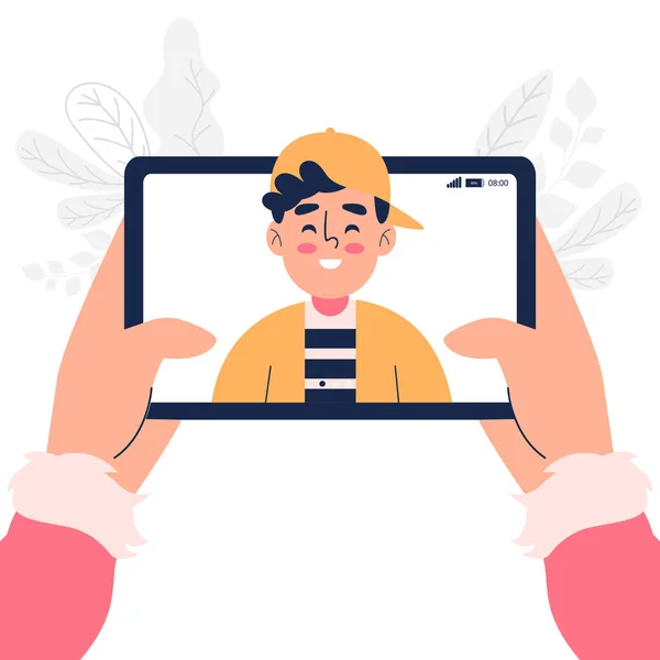 Close Boy Talk Chat Video Call Tablet Vector Illustration — Stockový vektor