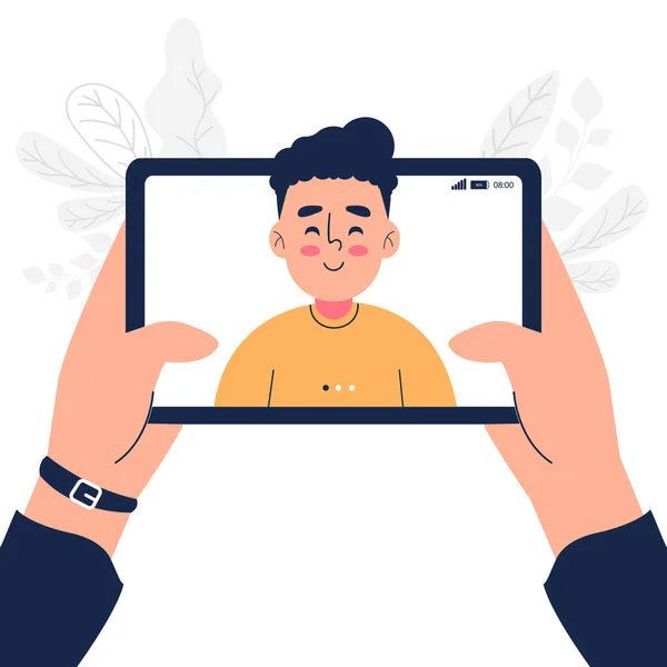 Ev vektörü illüstrasyonunda tablet bilgisayarda görüntülü konuşma yapan bir adam
