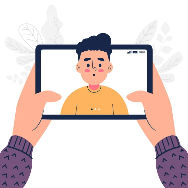 Man Met Videogesprek Tablet Thuis Vector Illustratie — Stockvector