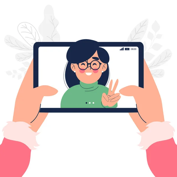 Close Van Vrouw Glimlach Hebben Video Oproep Tablet Vector Illustratie — Stockvector