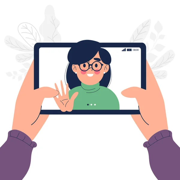 Flat Design Close Woman Talk Chat Video Call Tablet Vector — Stockový vektor