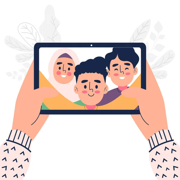 Flat Design Hand Holding Tablet App Video Call Together Friends — Stock Vector