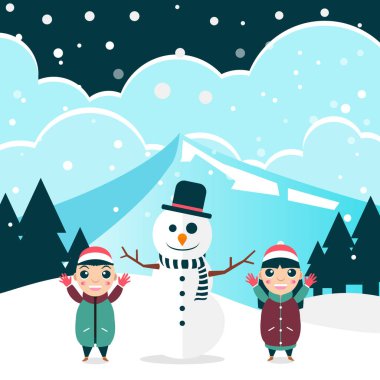Çocuklar ve kardan adam çizimleri ile düz bir arkaplan