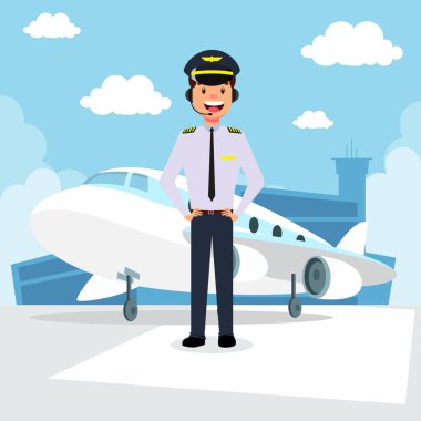 Uçak pilotu havaalanı vektör çiziminde uçağın önünde.