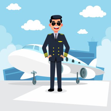 Havaalanı binası ve uçak vektör çizimi ile pilot karikatür arka planı