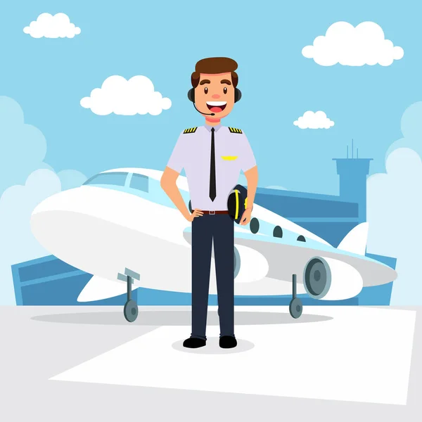 Pilot Uniform Plane Cartoon Background Airport Building Vector Illustration — Stock Vector