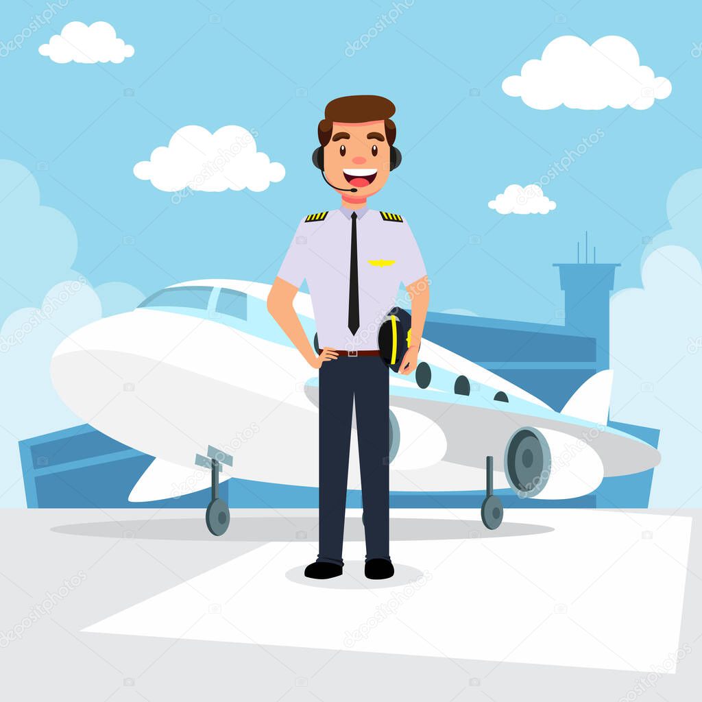 Pilot in a uniform and plane cartoon background with airport building vector illustration