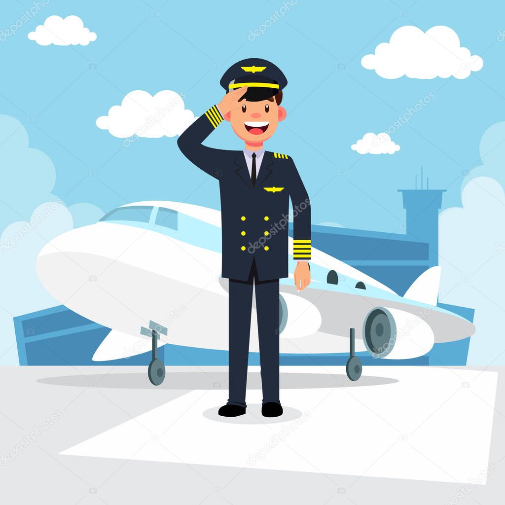 Pilot of the plane next to the plane at the airport vector illustration