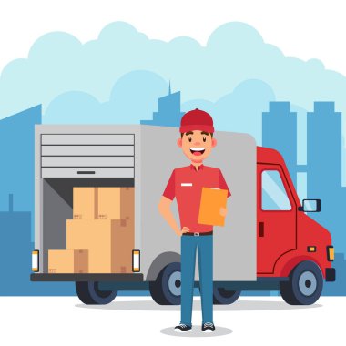 Kamyon ve kurye vektör illüstrasyonlu teslimat hizmeti