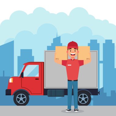 Çizgi film kutusu ve kamyon çizimi olan güçlü bir kurye.