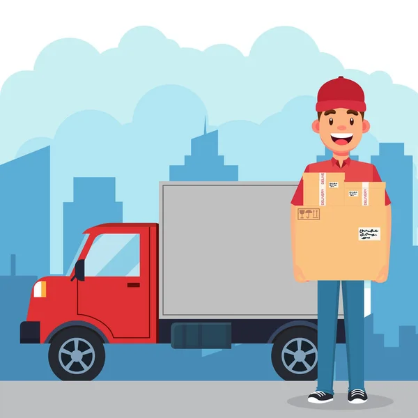 Kurye paketi şehir vektör illüstrasyonunda arabayla getirdi.