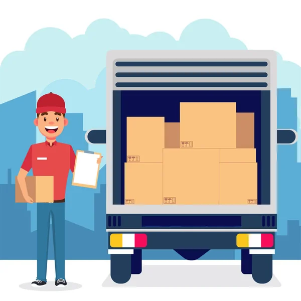 Servizio Consegna Camion Con Corriere Vettoriale Illustrazione — Vettoriale Stock