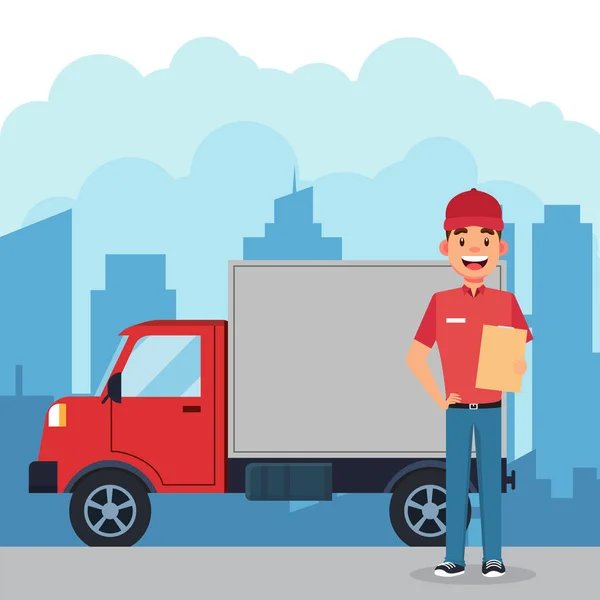 Uomo Sorridente Consegna Con Camion Corriere Illustrazione Vettoriale — Vettoriale Stock