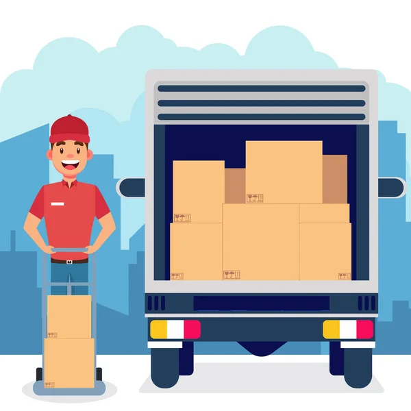 Şehir vektör illüstrasyonunda düz teslimat kamyonu