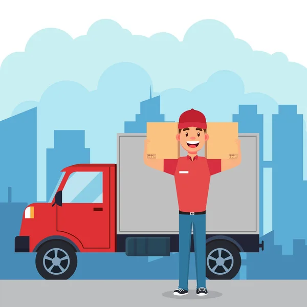 Strong Courier Cartoon Box Truck Vector Illustration — Stock Vector