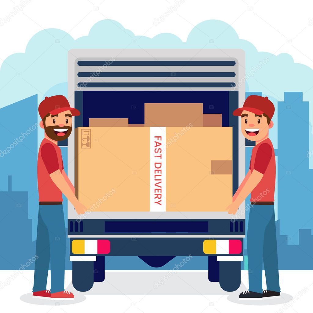 Happy two delivery man with big parcels vector illustration